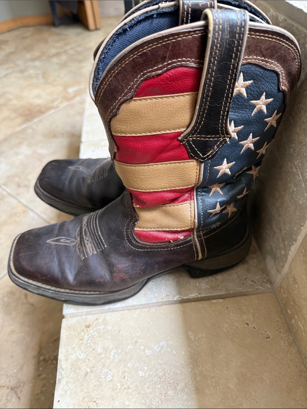 Durango Brown Leather Western Boots with Red, White & Blue Flag Design